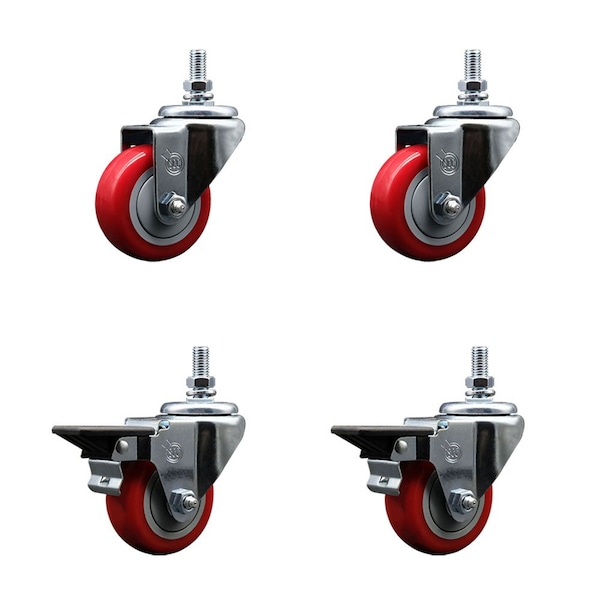 Service Caster 3 Inch Red Polyurethane 12 Inch Threaded Stem Caster Set 2 Brakes SCC SCC-TS20S314-PPUB-RED-121315-2-PLB-2 - main
